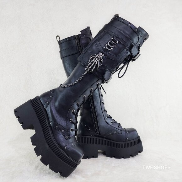 Wicked Wrath Square Toe Goth Lace Up Knee High Boots Skull Hand Charms
